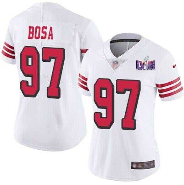 Women's San Francisco 49ers #97 Nick Bosa New White Super Bowl LVIII Patch Vapor Untouchable Limited Stitched Jersey,We sell and wholesale Women's San Francisco 49ers #97 Nick Bosa New White Super Bowl LVIII Patch Vapor Untouchable Limited Stitched Jersey on line form chian!